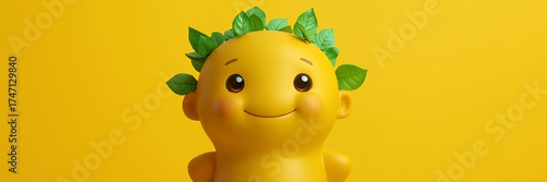 Happy little yellow character with green leaves on head