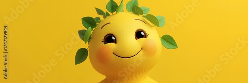 Cute Yellow Character with Green Leaves on Yellow Background