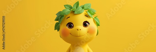Cute yellow character with green leafy hair smiling cheerfully