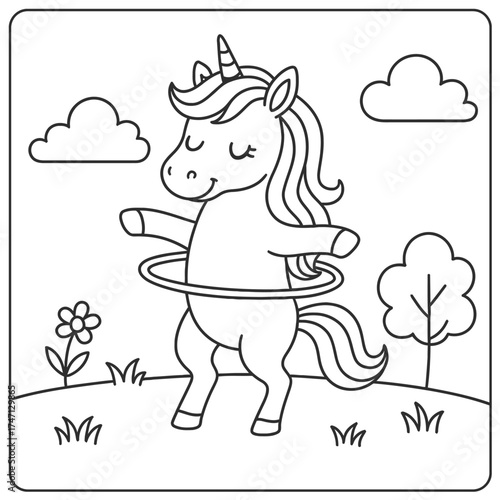 A cute unicorn with closed eyes hula hooping in a field coloring page illustration