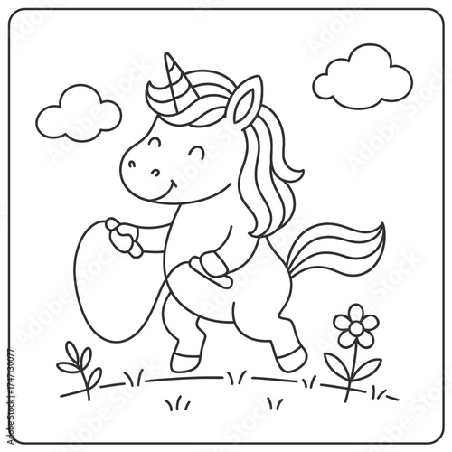 A cartoon unicorn with a rope in a field with clouds and a flower in a line drawing