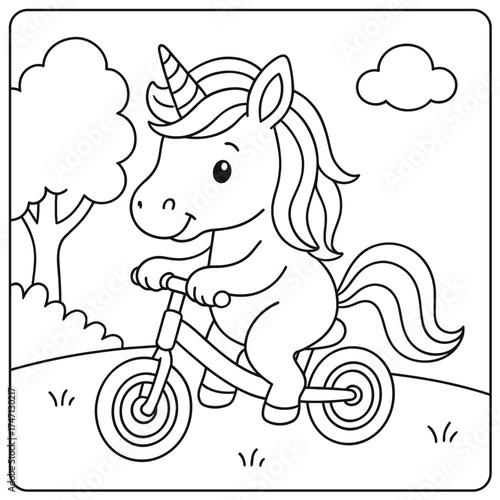 A cute unicorn riding a bicycle in a black and white coloring page illustration style