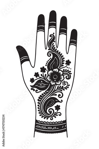 Beautiful black mehndi design on a hand featuring floral and paisley motifs with bold outlines, perfect for bridal art, tattoo ideas, decoration, and cultural design themes