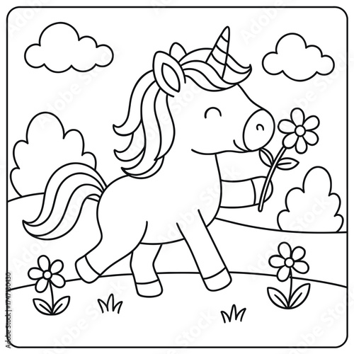 Outlined unicorn walking in a field holding a flower with clouds and bushes around it