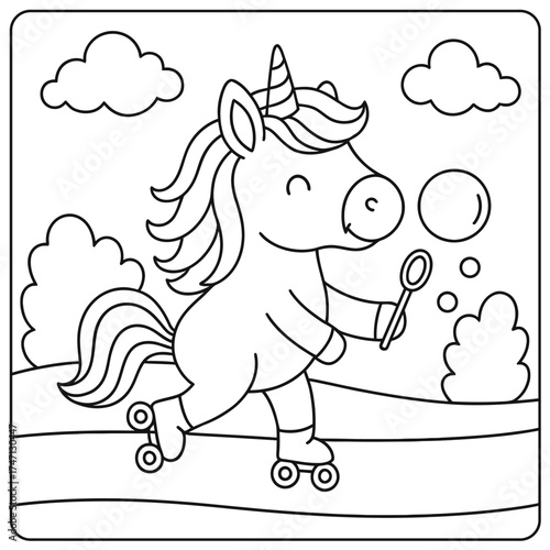 A cartoon unicorn on roller skates blowing bubbles in a landscape coloring page style image