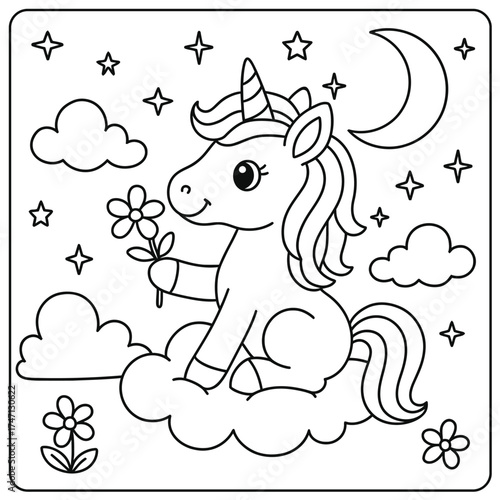 Cartoon unicorn sitting on a cloud holding a flower with stars and moon coloring page