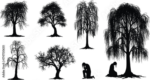 Weeping willow tree silhouette, sad woman under tree, emotional sorrow artwork, grief meditation vector, solitude forest design, melancholy outdoor illustration, loneliness art
