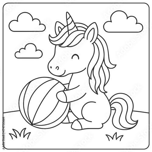 Line art of a unicorn holding a striped ball with clouds in the background on grass