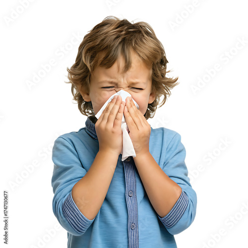 A young boy with curly hair sneezing into a tissue wearing a blue shirt against a black background