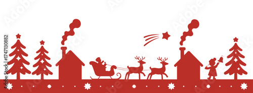 Red christmas village scene with santa sleigh reindeer and trees festive border vector