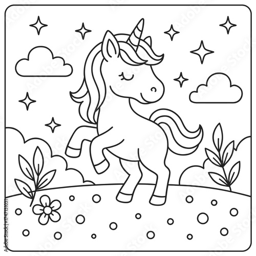 Outline drawing of a unicorn surrounded by stars clouds and flowers on a hill with dots
