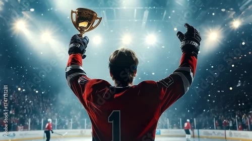 Wallpaper Mural Epic back view of a hockey player holding a trophy after winning a tournament at ice arena. Symbol of victory, glory, and sports dedication. Torontodigital.ca