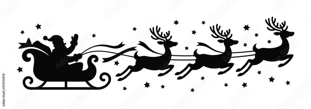 Naklejka premium Santa sleigh flying with reindeer silhouette christmas festive vector illustration