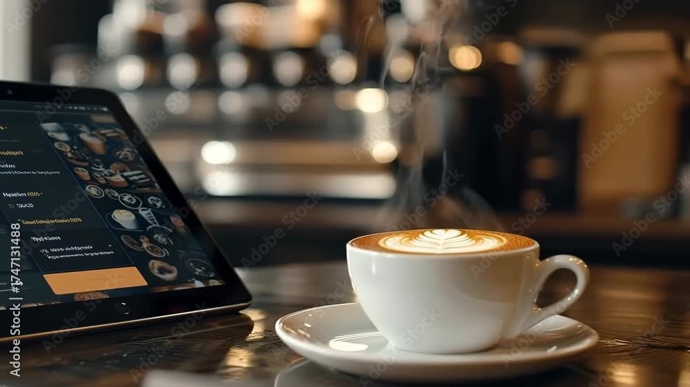 custom made wallpaper toronto digitalSteaming cup of coffee on wooden bar counter in a cozy café, next to a digital tablet with a menu. Inviting morning scene blending warmth, design, and modern lifestyle.
