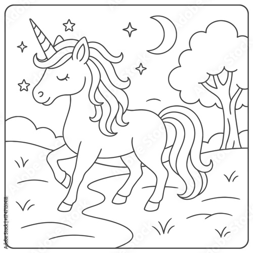 Outlined unicorn with closed eyes walking in a field under the moon and stars near tree