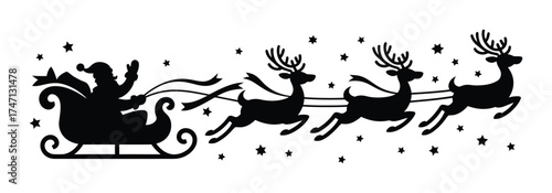 Santa sleigh flying with reindeer silhouette christmas festive vector illustration