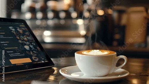 Wallpaper Mural Steaming cup of coffee on wooden bar counter in a cozy café, next to a digital tablet with a menu. Inviting morning scene blending warmth, design, and modern lifestyle. Torontodigital.ca