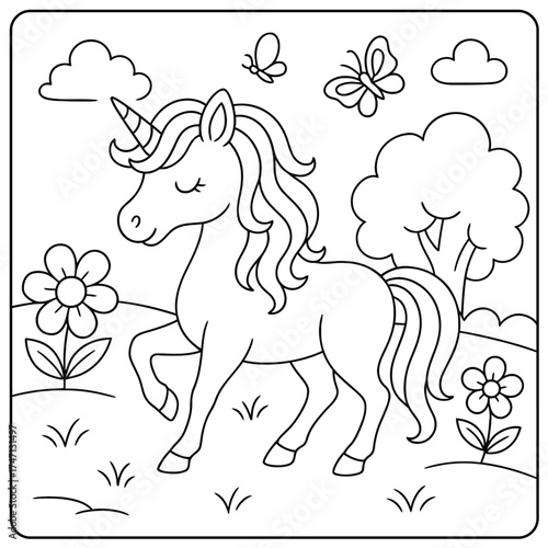 A unicorn standing in a field with flowers butterflies and clouds coloring page format