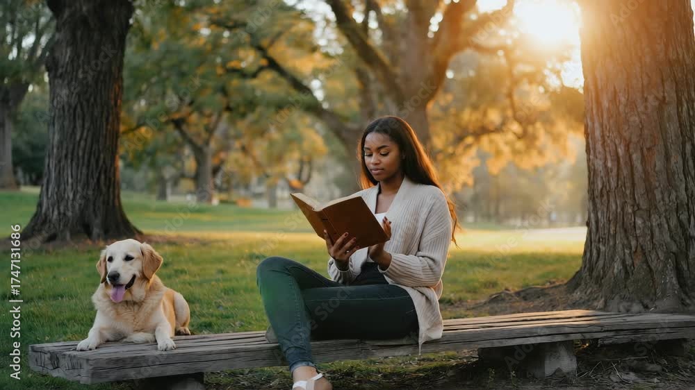 custom made wallpaper toronto digitalYoung darkskin woman reading a book in an autumn park while sitting with her Labrador dog, portraying relaxation, friendship, and cozy seasonal lifestyle.