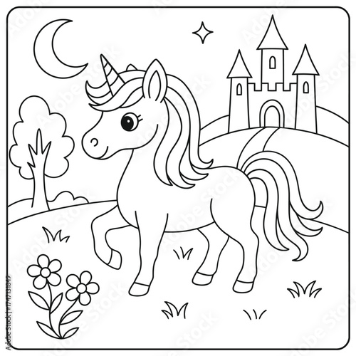 Coloring page of a unicorn with a castle, moon, star, tree, and flowers in a square frame