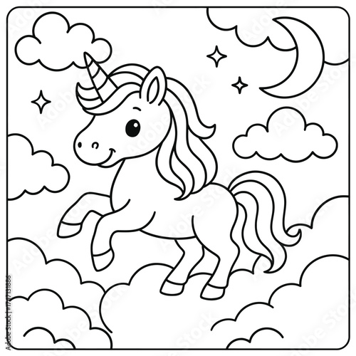 A cartoon unicorn prancing among clouds with stars and a crescent moon outlined in black