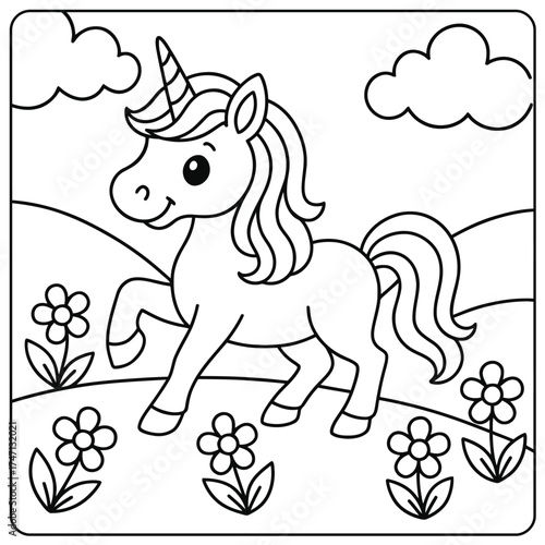A unicorn in a field of flowers with clouds above in a black and white line drawing