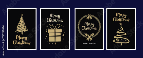 Christmas and Happy New Year Greeting Card Set with Stylish Calligraphy Lettering and Decorative Ornaments for Holiday Cards, Invitations, and Seasonal Celebration Designs