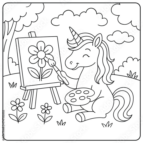 Cartoon unicorn painting a flower on a canvas in a field coloring page illustration