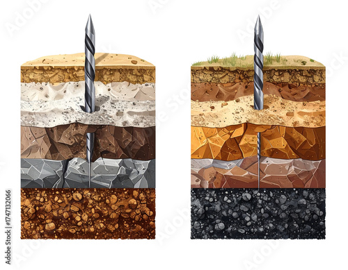 Two Variations of Industrial Drill Bit Penetrating Ground Cross-Section – isolated on transparent background