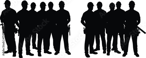 Construction worker silhouettes, teamwork illustration, hard hats, tool belts, industrial labor, black graphic, vector art, isolated PNG, occupational unity