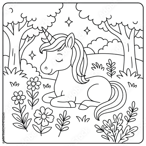 A coloring page of a unicorn resting in a field with trees and flowers in black and white