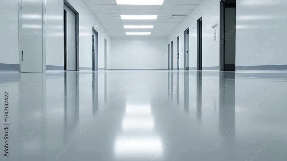 Obraz premium Clean, minimalist hallway with reflective floor. Doors line walls, illuminated by overhead lights. A modern architectural space.