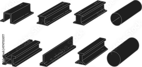 Structural profile silhouettes, I-beam, channel section, T-beam, pipe, black isometric illustration, vector graphic, isolated PNG, engineering shapes