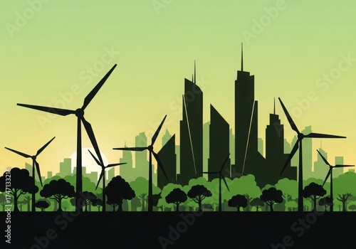 Silhouette of wind turbines and cityscape with green energy concept world urbanism day