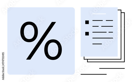 Bold percentage sign beside stacked documents representing data analysis, finance, or statistics. Ideal for finance, accounting, business strategy, reports, progress, analytics simple flat metaphor