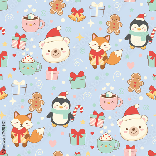 Christmas Pattern Vector. Seamless Kawaii Christmas Pattern with Cheerful Animals, Sweets, and Toys Holiday Seamless Pattern Background.