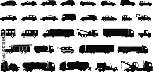 Vehicle silhouette collection, black transport icons, construction trucks, emergency vehicles, passenger cars, industrial fleet, vector graphic, isolated PNG, design asset