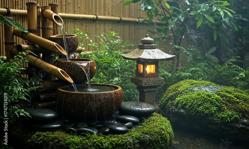 Serene garden scene featuring a bamboo fountain with flowing water, a stone lantern, mossy rocks, and lush greenery.