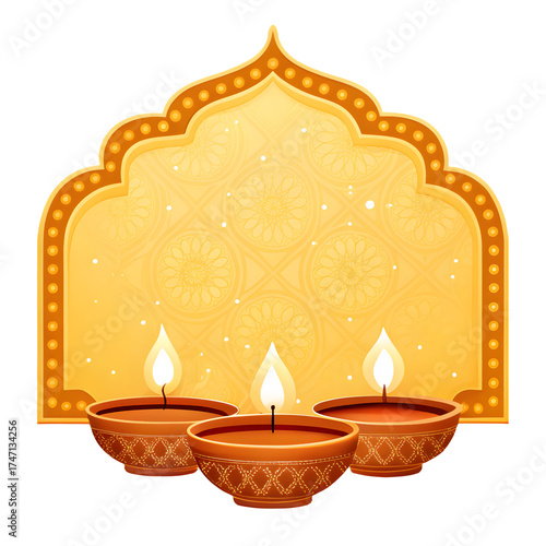 Three traditional indian clay oil lamps called diyas lit with flickering flames in front of an ornate decorative archway on a transparent background isolated on transparent background