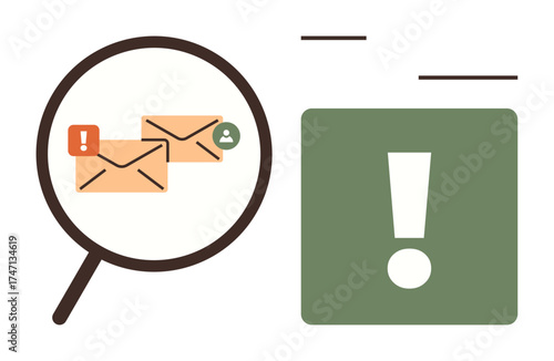 Magnifying glass over warning emails and recipient icon next to exclamation mark. Ideal for communication, prioritization, email management, urgency, focus, notifications, digital overload. Simple