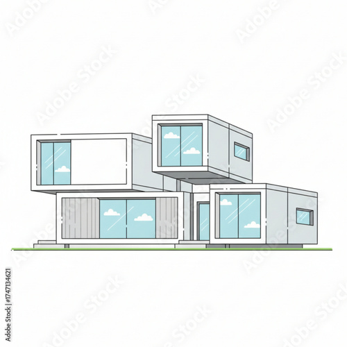 Modern modular house with large glass windows and box-shaped architecture. The design looks stylish, clean, and futuristic with a minimalist touch.