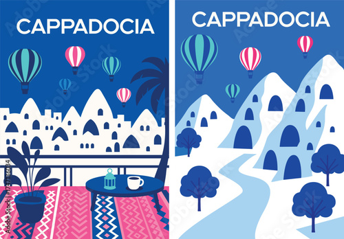 Modern minimalist travel poster of Cappadocia, Turkey, featuring colorful hot air balloons floating over white rock formations and cave houses. For travel prints, posters, and wall art.