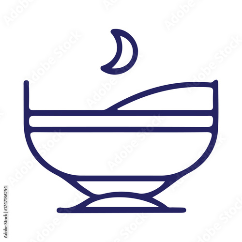 Vector art of simple blue line art icon of a cradle or bassinet with a crescent moon above