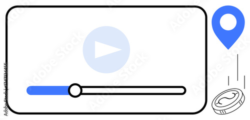 Play button and progress bar inside video player, blue location marker, falling coin. Ideal for digital media, streaming, payment, monetization, geolocation marketing user interface. A simple flat