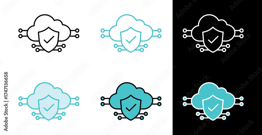 Obraz premium Cloud computing with security shield icon for data and network protection in line and fill style
