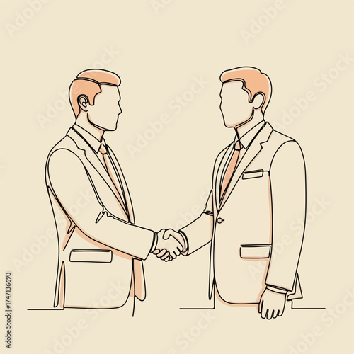 Business handshake illustration with line art design presenting two men in suits completing a transaction. Business handshake shows collaboration and professional agreement, as well as partnership.
