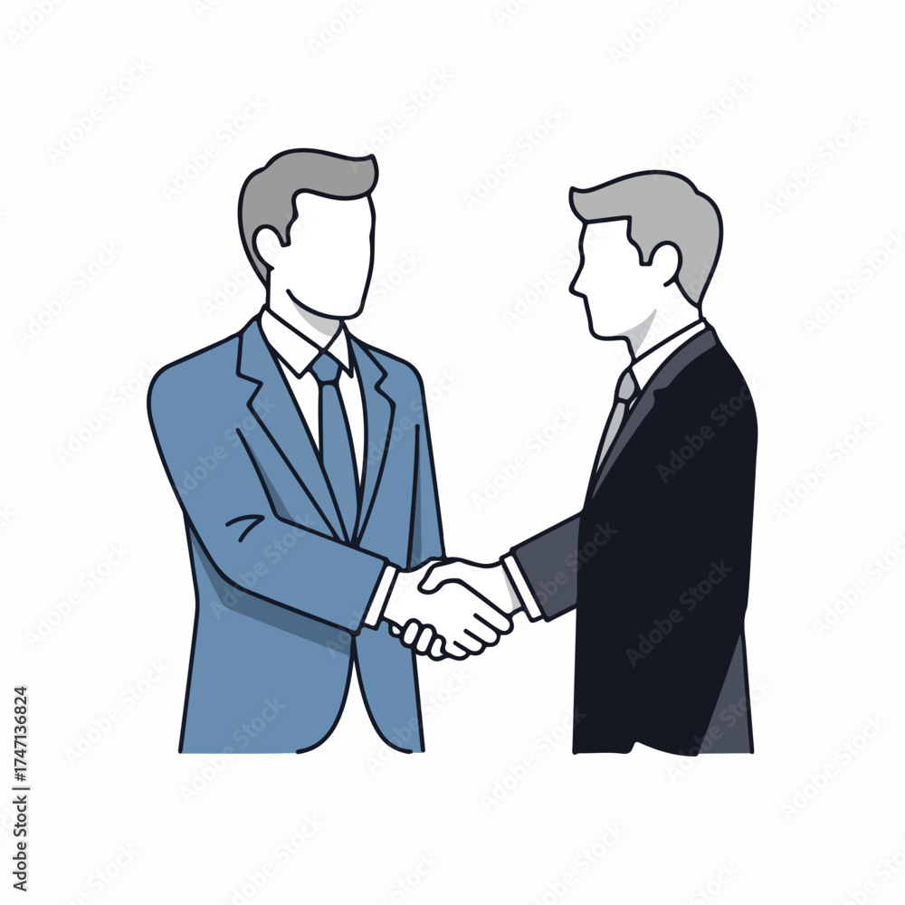 Fototapeta premium Business handshake illustration of two faceless business people shaking hands, isolated on white. Business handshake signifies agreement, deal closing, partnership and successful negotiations.