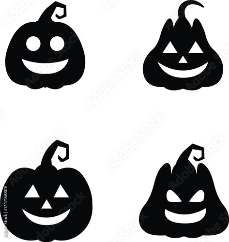 Set of Halloween pumpkin silhouettes. Spooky carved pumpkin face icons for holiday design. Jack o lantern stencil collection. Scary autumn festival symbol. Black vector graphic.