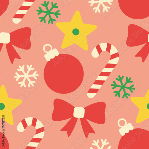 Christmas Pattern Vector. Seamless Candy, Canes, Stars Pattern. Color block Christmas Background.