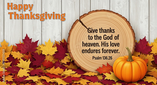 Happy thanksgiving text with autumn leaves, a pumpkin, and a wood slice featuring a bible verse about giving thanks to god for his enduring love, set against a rustic wooden background